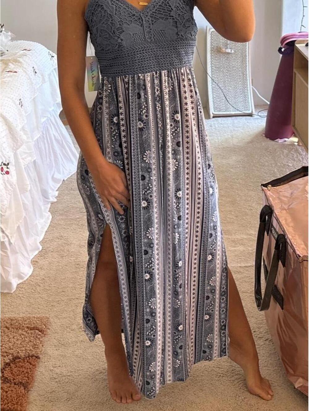 Derek Heart Blue Crochet Top Maxi Dress with Floral Stripe Skirt - Picture 3 of 8